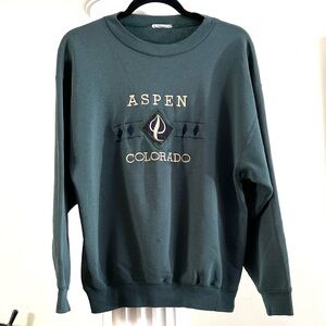 Vintage Retro 90’s Sweatshirt Forest Green Embroidered Aspen, Colorado Large